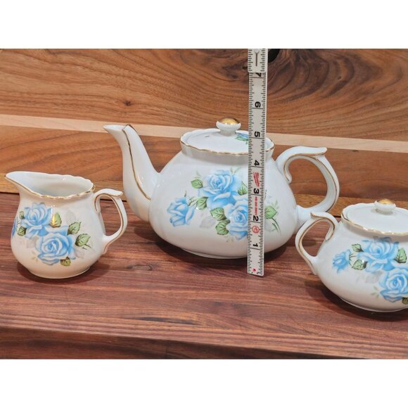 Vintage Blue Rose Shafford China Porcelain Tea Set - Teapot Sugar Bowl & Creamer - Picture 2 of 11